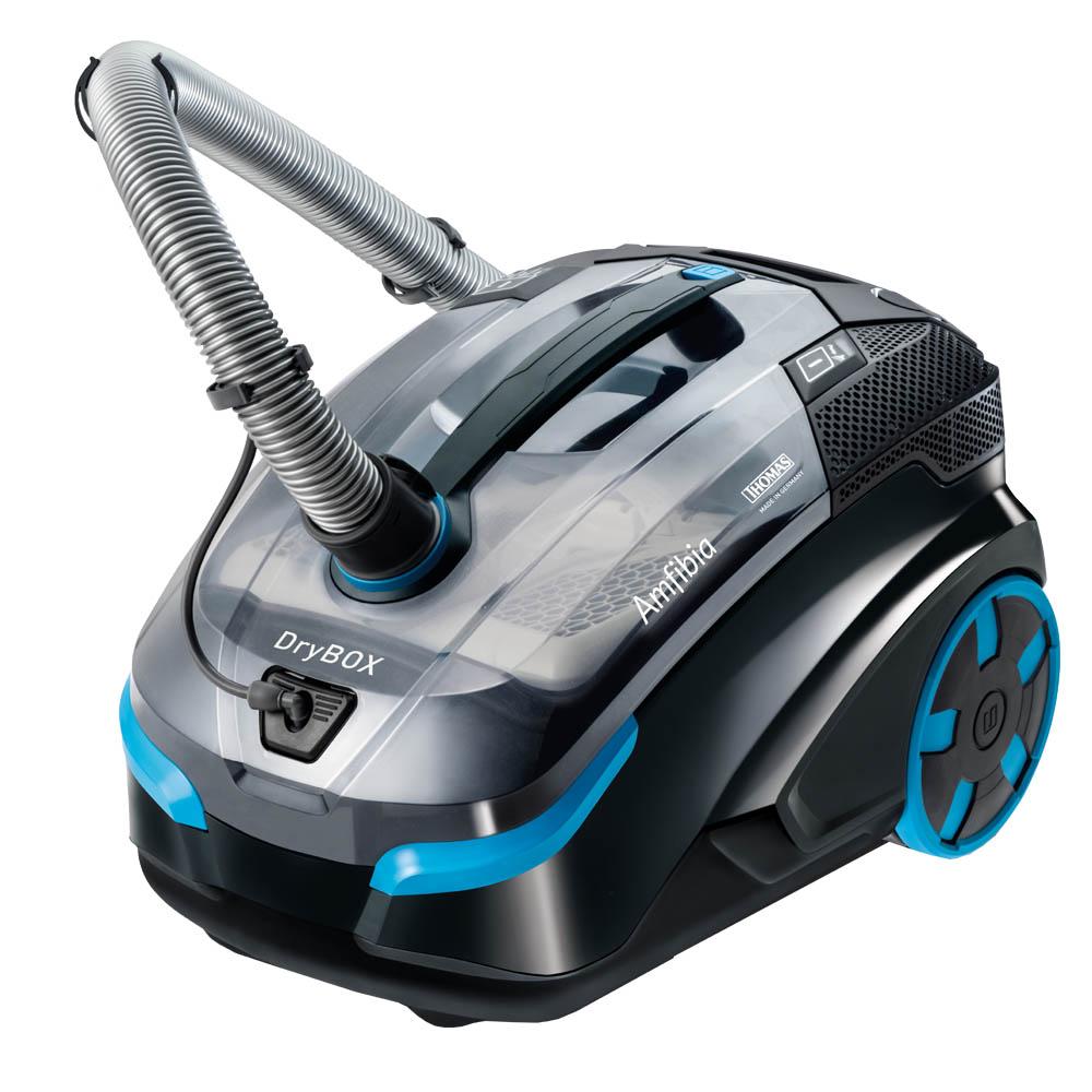 Моющий пылесос THOMAS DryBOX Amfibia с двумя инновационными системами фильтрации DryBOX и AquaBOX. Цвет черный с голубым.