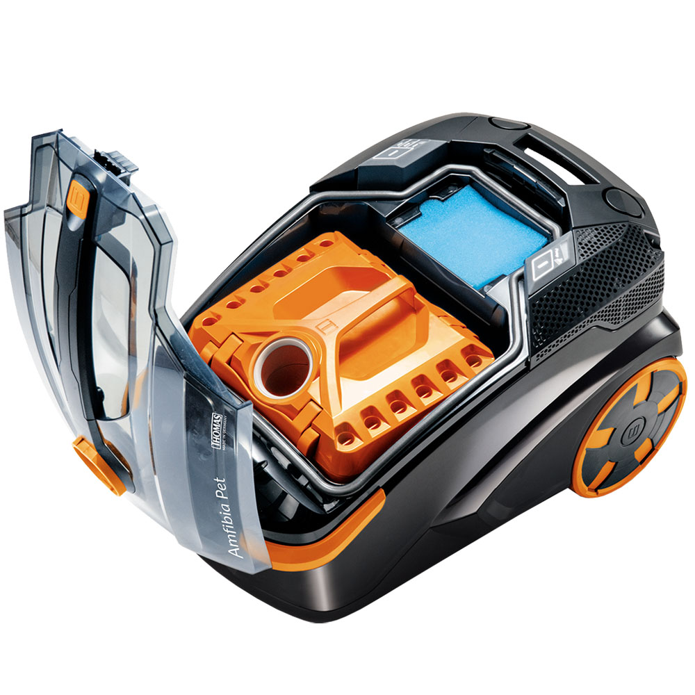 Пылесос THOMAS DryBOX Amfibia Pet с открытой полупрозрачной крышкой. Внутри - фильтр DryBOX с оранжевой крышкой