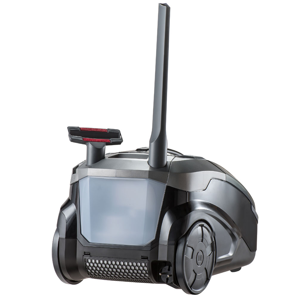 Parkett Prestige XT, вид сзади. Для удобства уборки на корпусе закреплены насадки для мягкой мебели и щелей