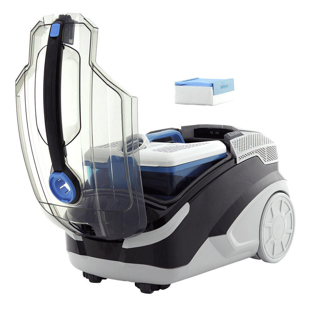 Пылесос THOMAS Vestfalia XT с открытой полупрозрачной крышкой. Процесс установки водяного фильтра AquaBOX и HEPA-фильтра 