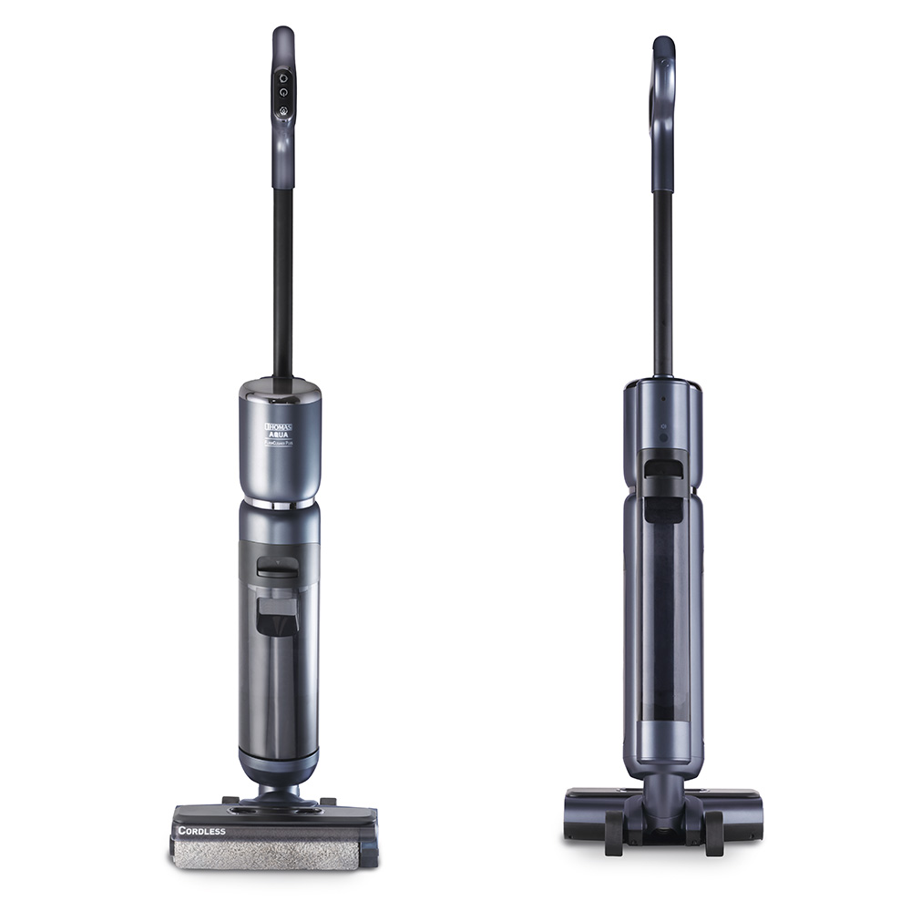 Аккумуляторный моющий пылесос AquaFloorCleaner Cordless Plus, вид спереди и сзади, стильный и современный дизайн 